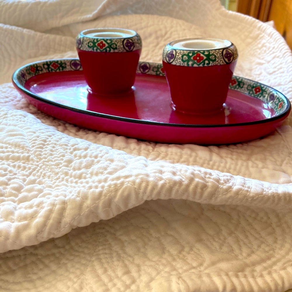 MALING numbered Ltd edition soft rose and Green porcelain double inkwell set